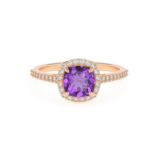 lab grown amethyst cushion solitaire rings in rose gold 