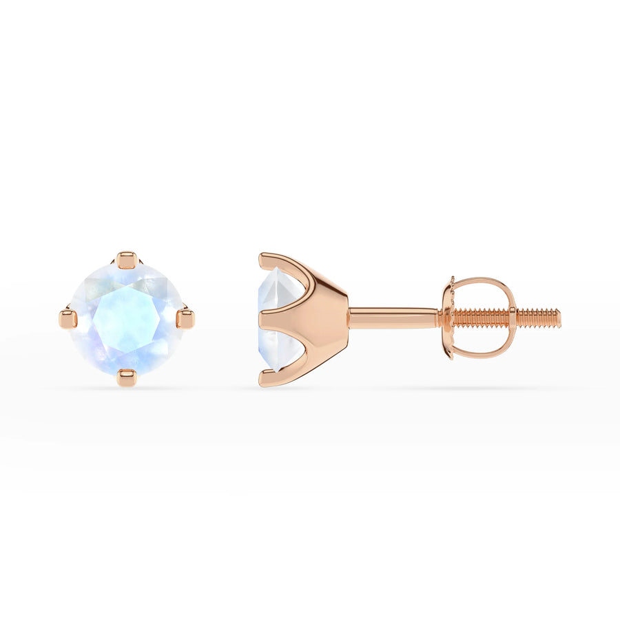 natural rainbow moonstone round stud earrings in rose gold 