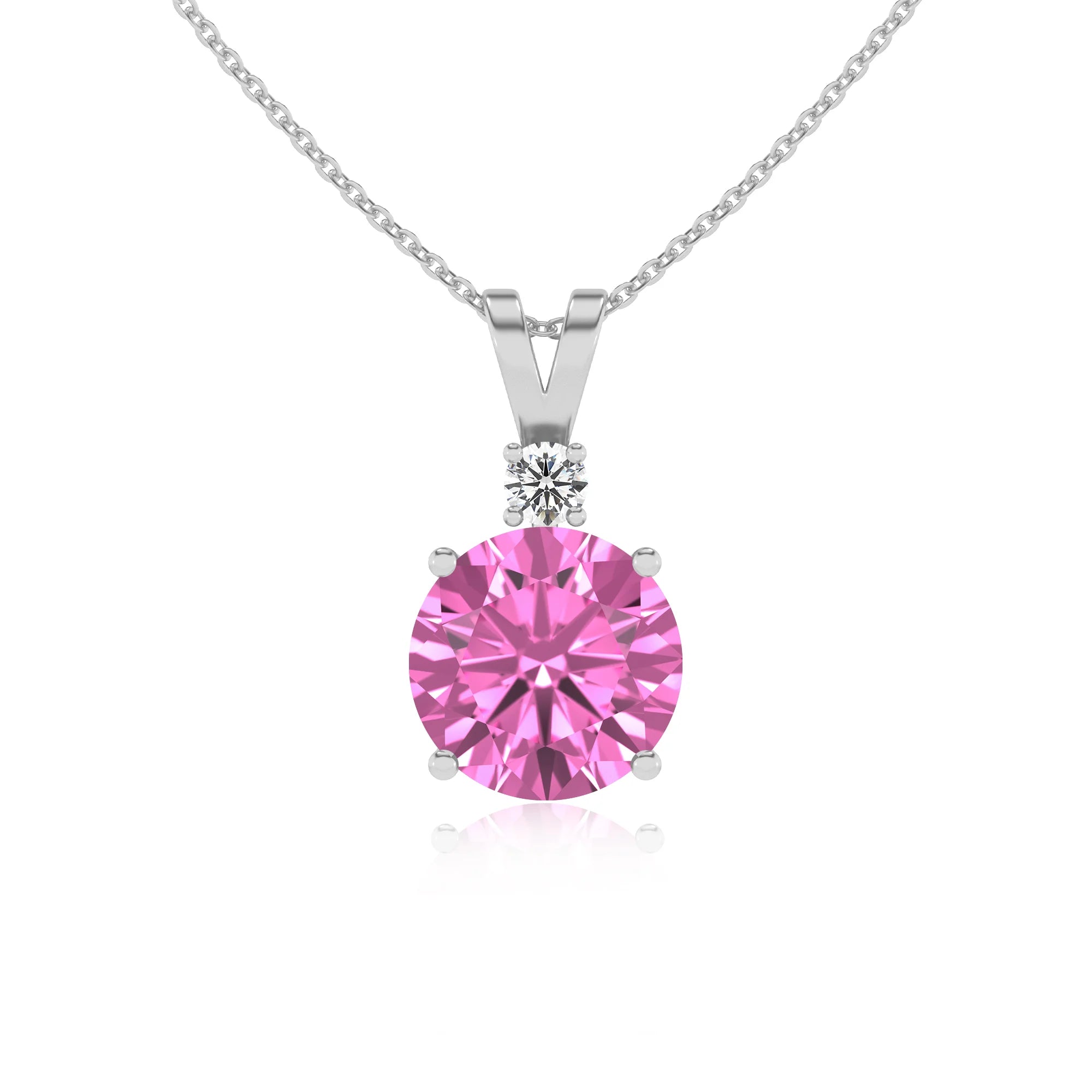 lab grown pink-sapphire round solitaire v-bale necklaces in sterling silver 