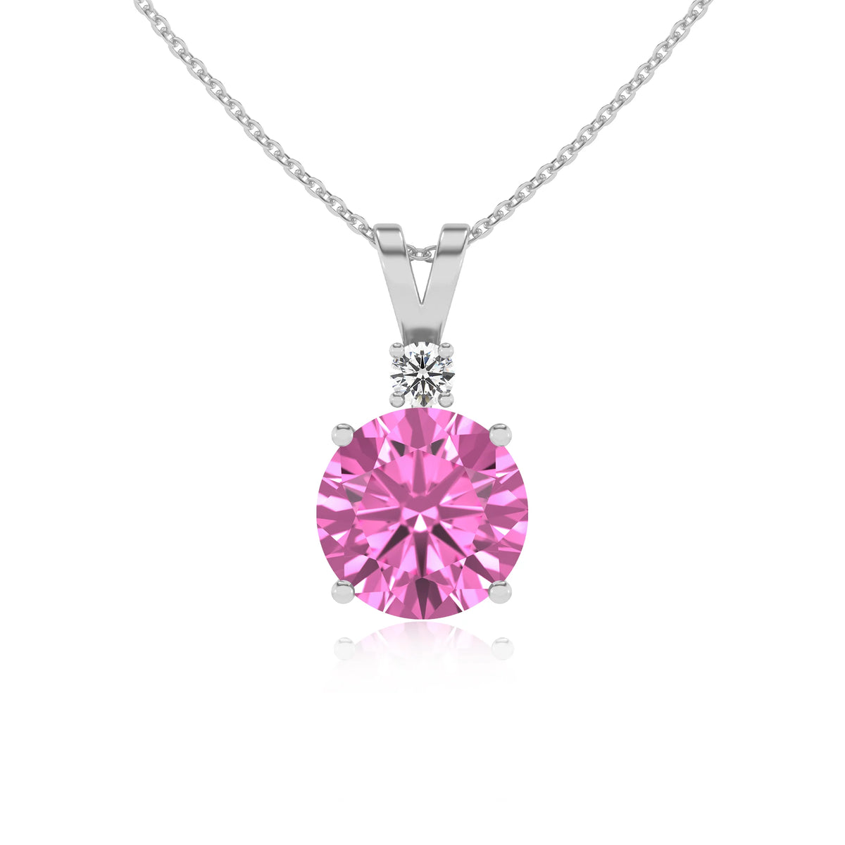 lab grown pink-sapphire round solitaire v-bale necklaces in sterling silver 