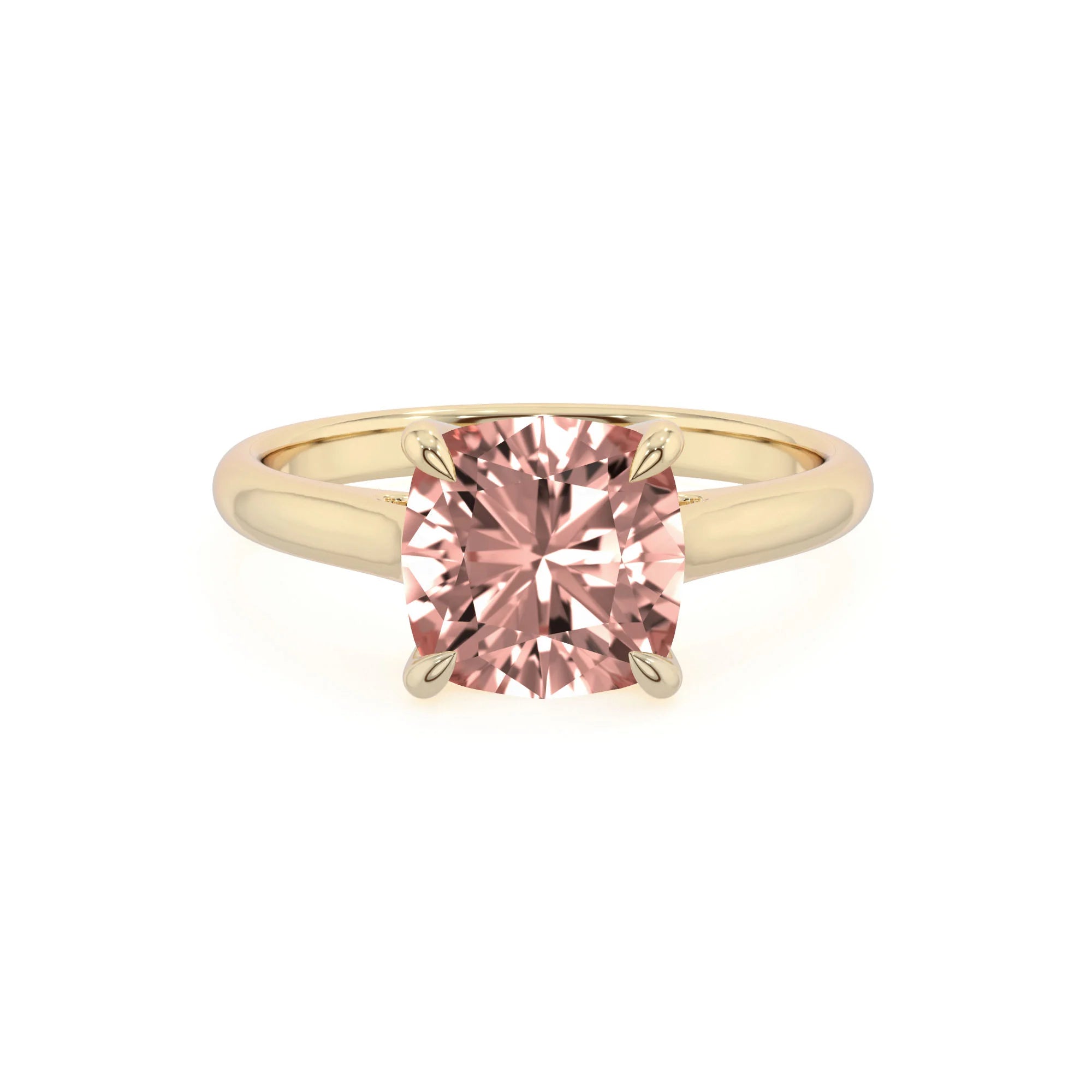 lab grown morganite cushion solitaire rings in yellow gold 