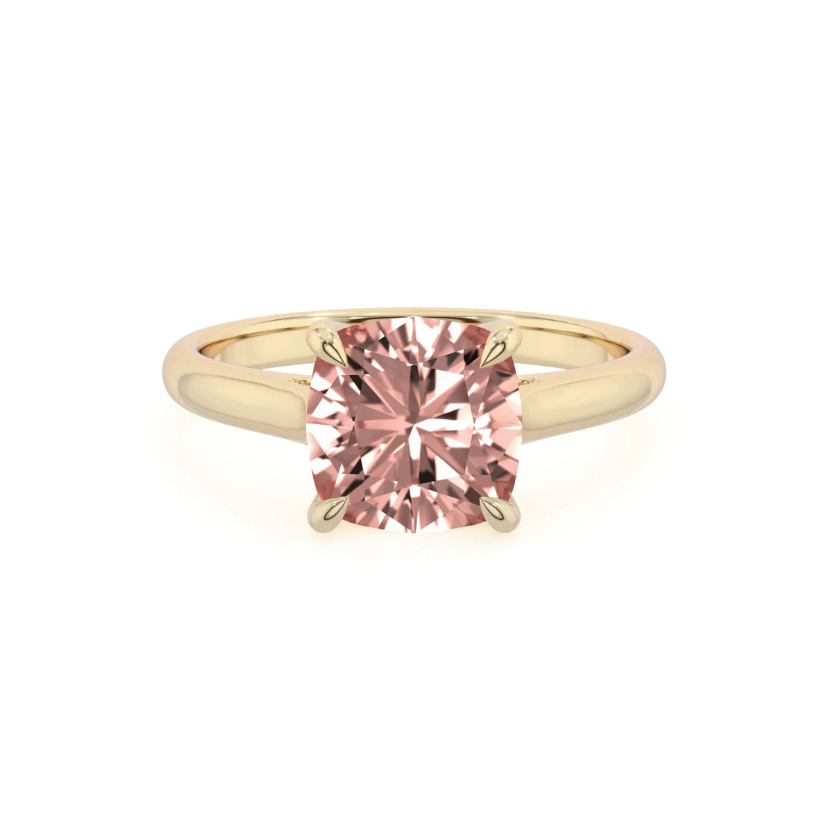 lab grown morganite cushion solitaire rings in yellow gold 