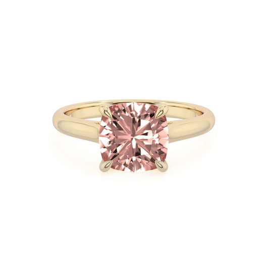 lab grown morganite cushion solitaire rings in yellow gold 