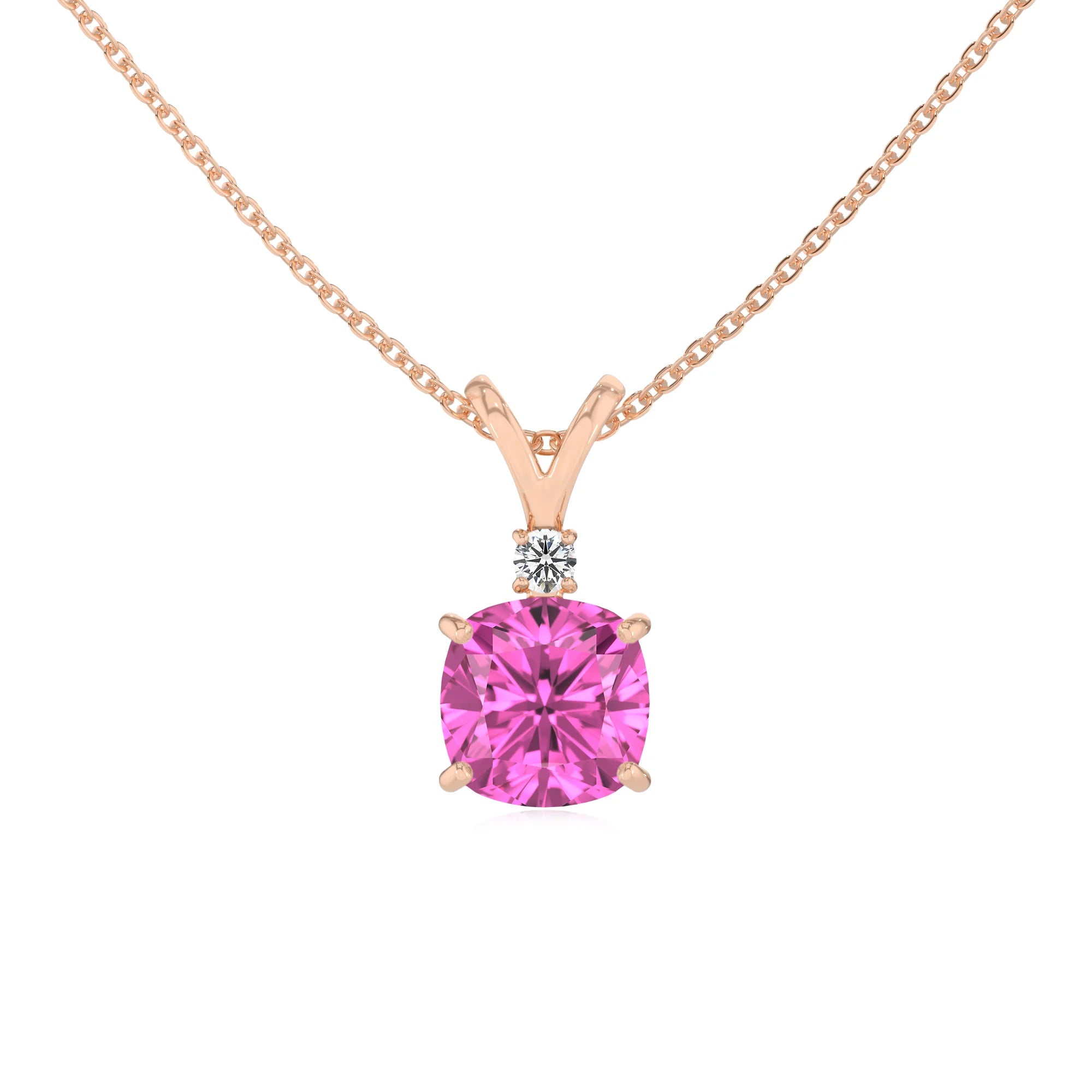 lab grown pink-sapphire cushion solitaire v-bale necklaces in rose gold 