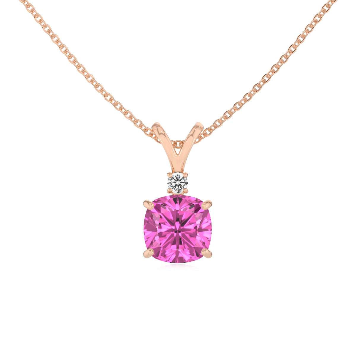lab grown pink-sapphire cushion solitaire v-bale necklaces in rose gold 