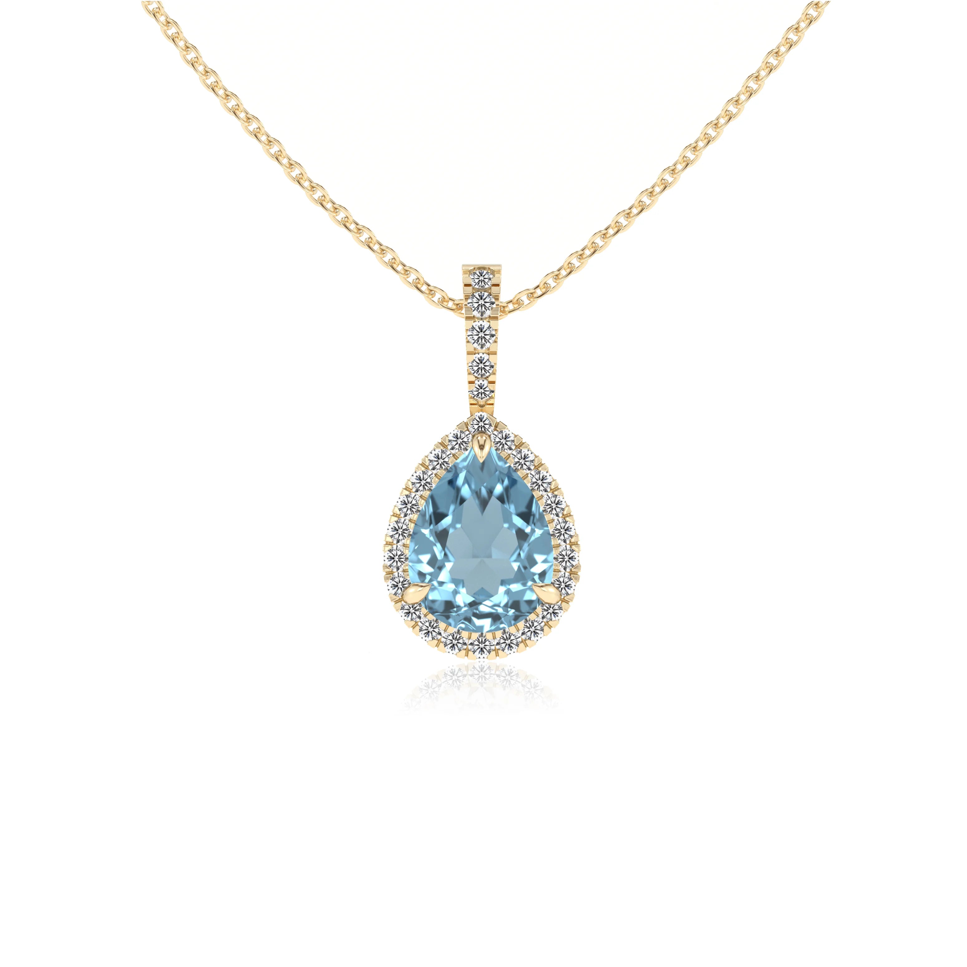 lab grown aquamarine pear solitaire necklaces in yellow gold 