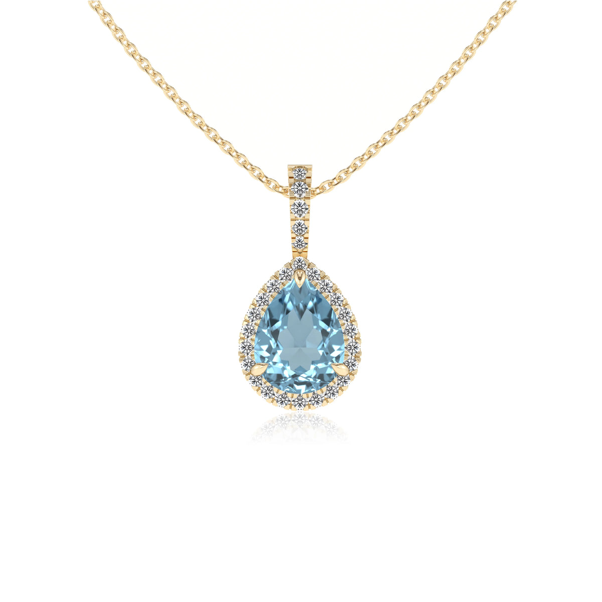lab grown aquamarine pear solitaire necklaces in yellow gold 