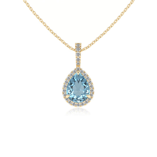 lab grown aquamarine pear solitaire necklaces in yellow gold 