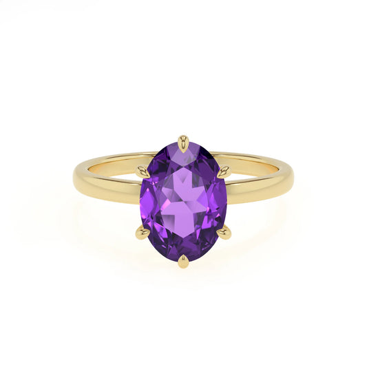 lab grown amethyst oval solitaire rings in yellow gold 