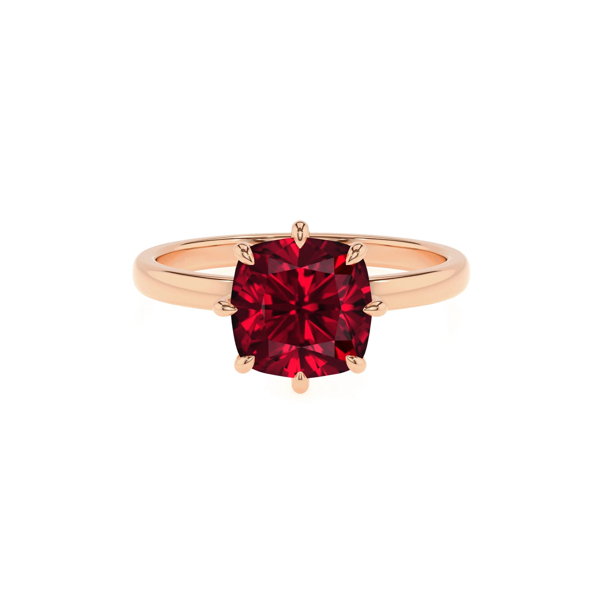 lab grown ruby cushion solitaire rings in rose gold 