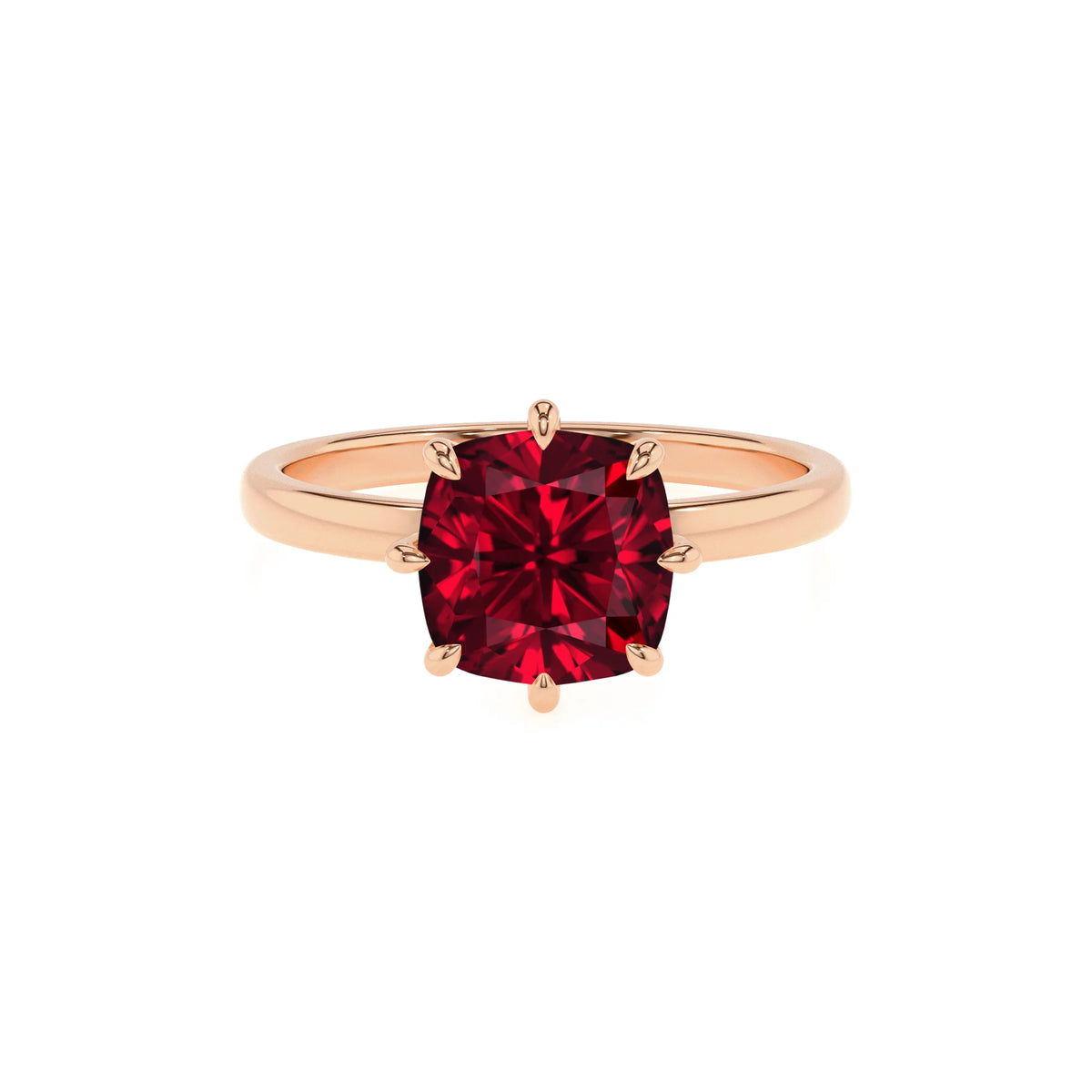 lab grown ruby cushion solitaire rings in rose gold 