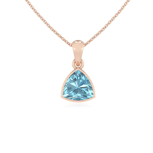 lab grown aquamarine trillion solitaire necklaces in rose gold 
