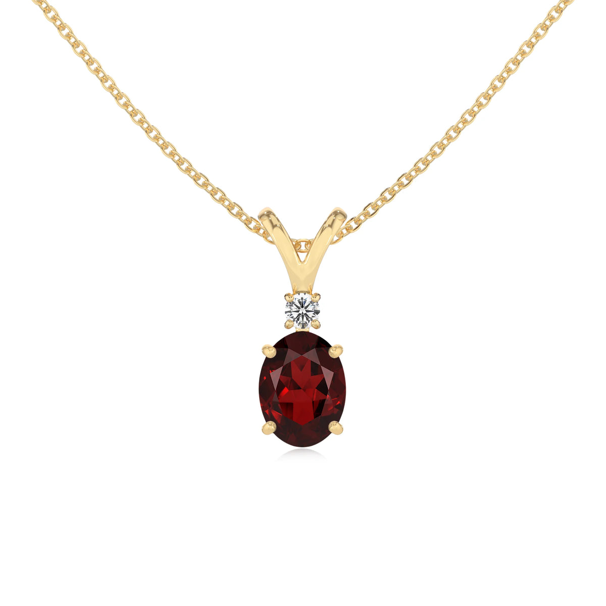 natural garnet oval solitaire v-bale necklaces in yellow gold 