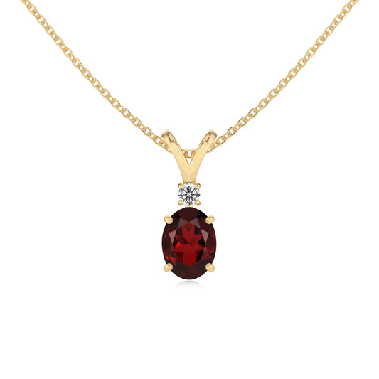 natural garnet oval solitaire v-bale necklaces in yellow gold 