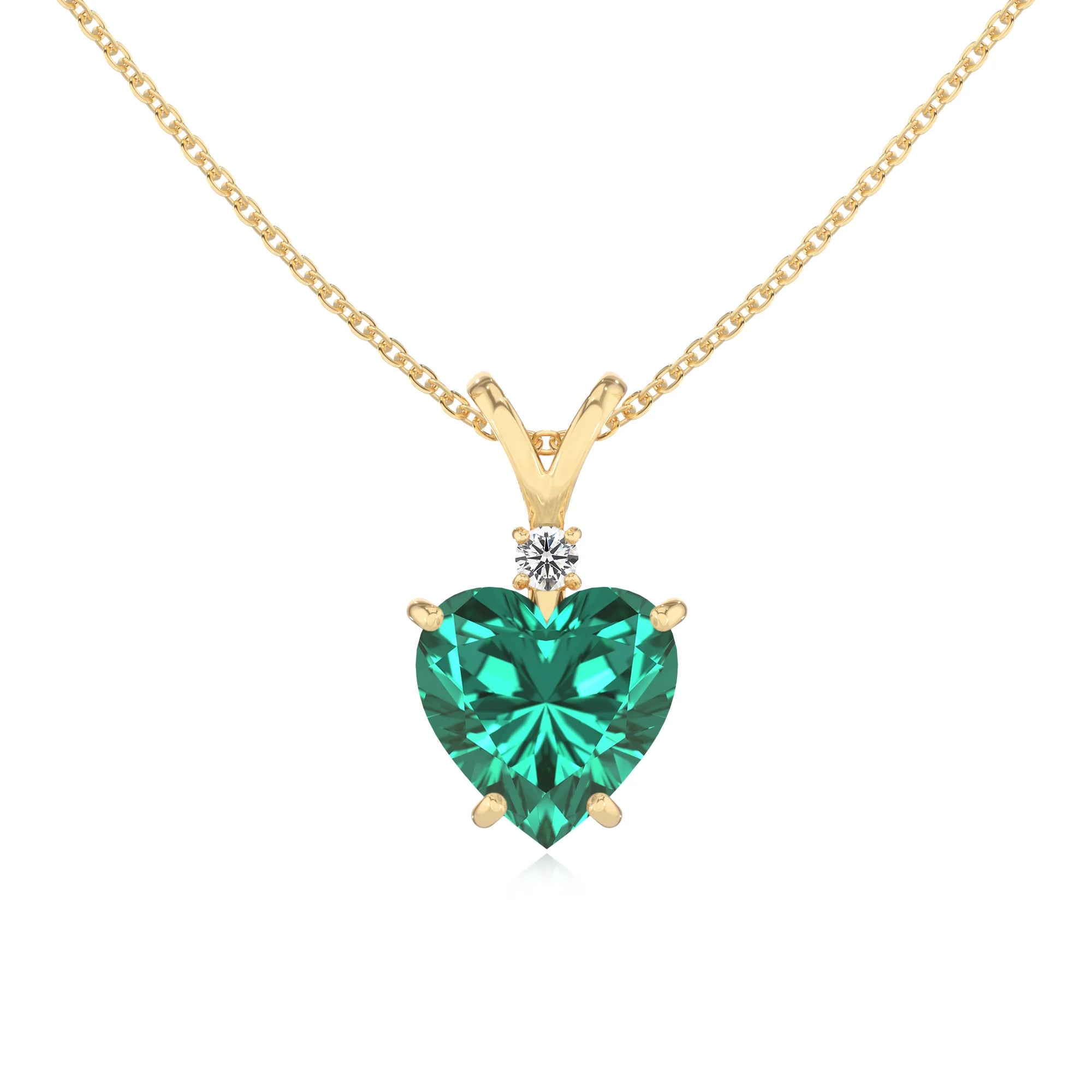 lab grown emerald heart solitaire v-bale necklaces in yellow gold 