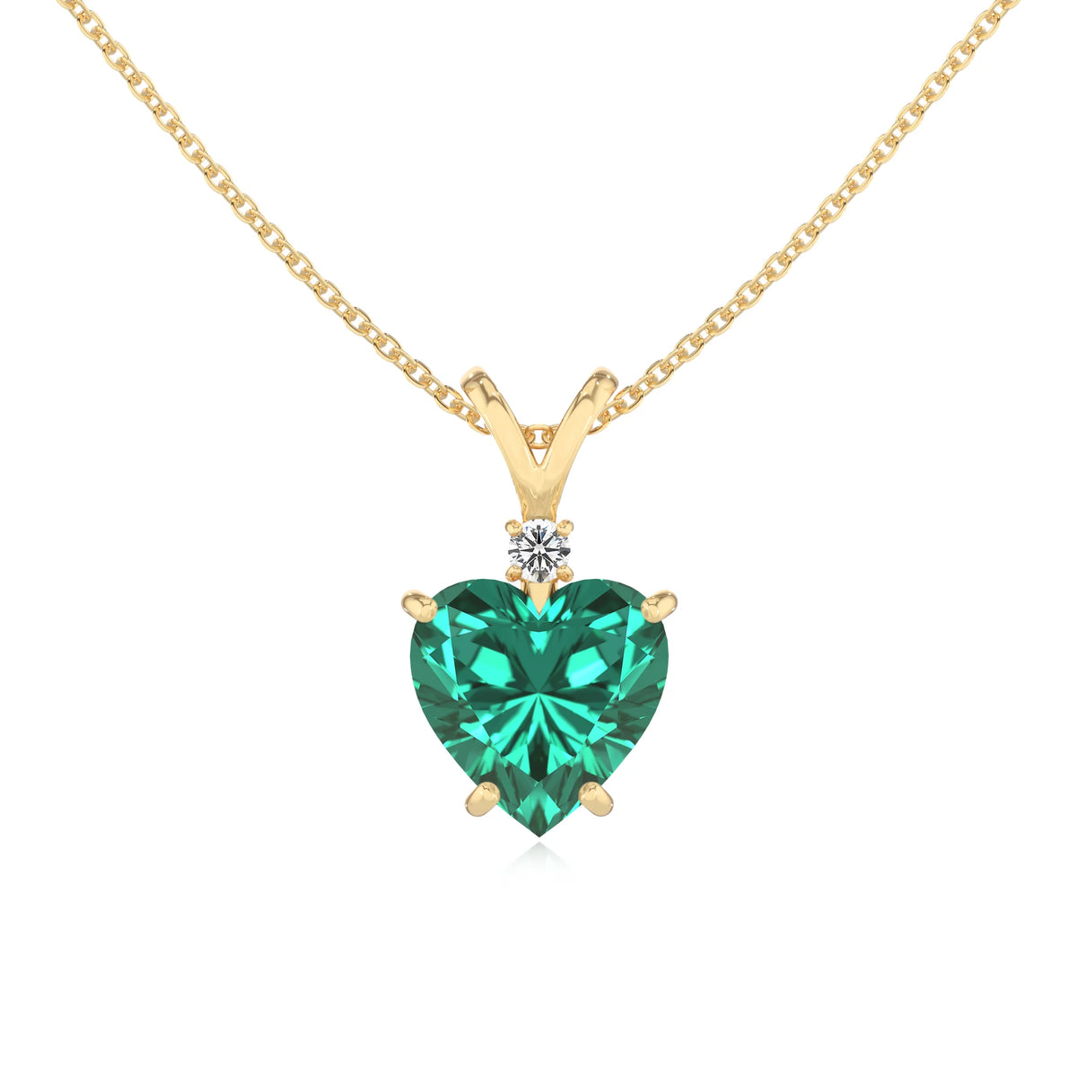 lab grown emerald heart solitaire v-bale necklaces in yellow gold 