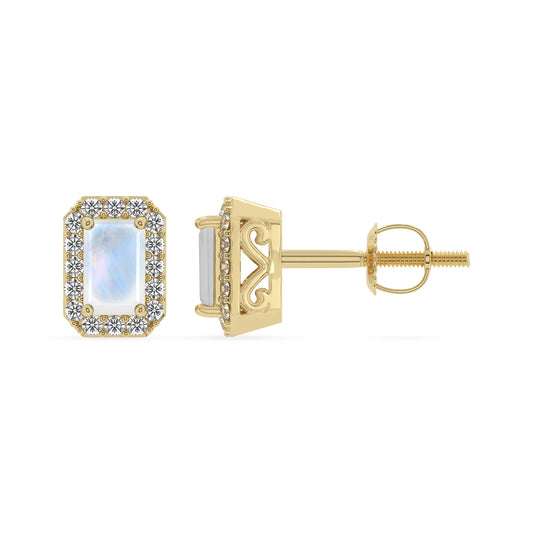 natural rainbow moonstone emerald cut stud earrings in yellow gold 