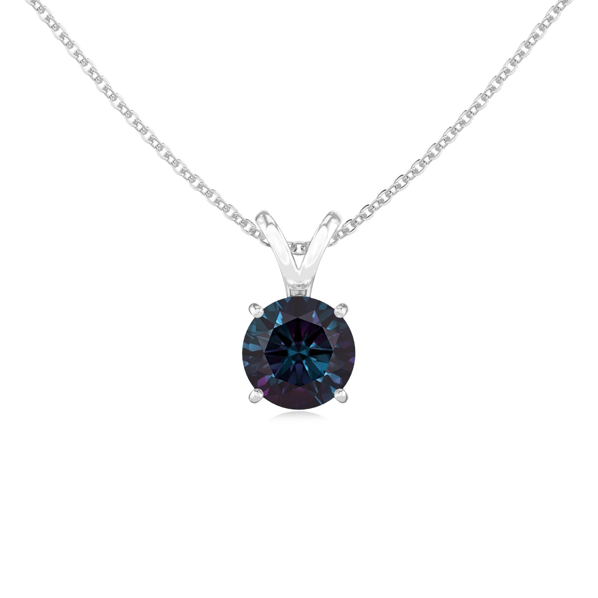 lab grown alexandrite round solitaire v-bale necklaces in white gold 