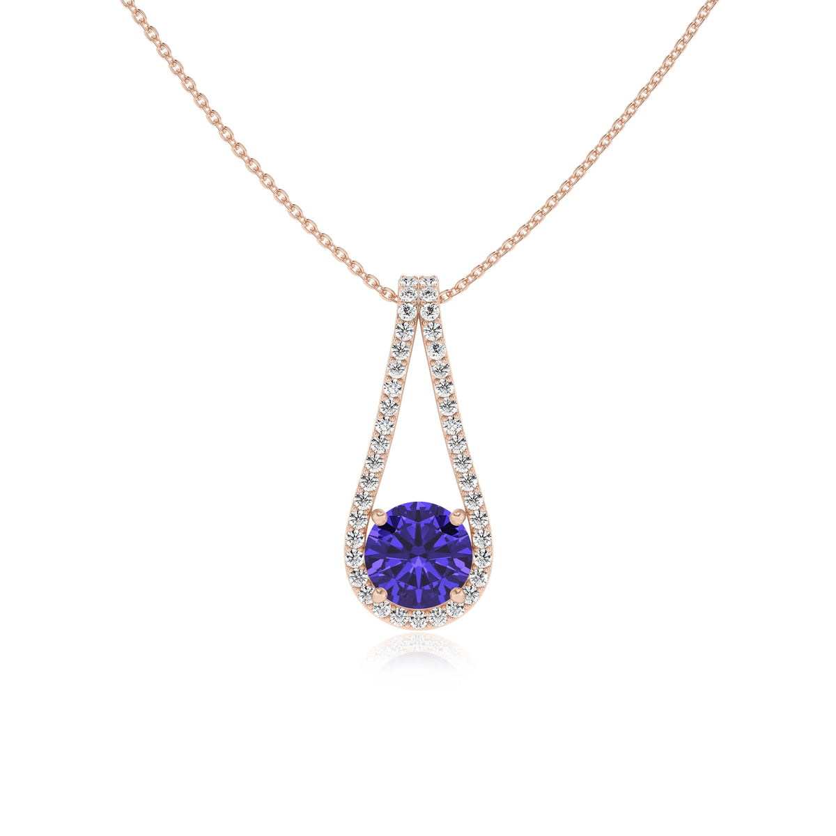 lab grown tanzanite round solitaire v-bale necklaces in rose gold 