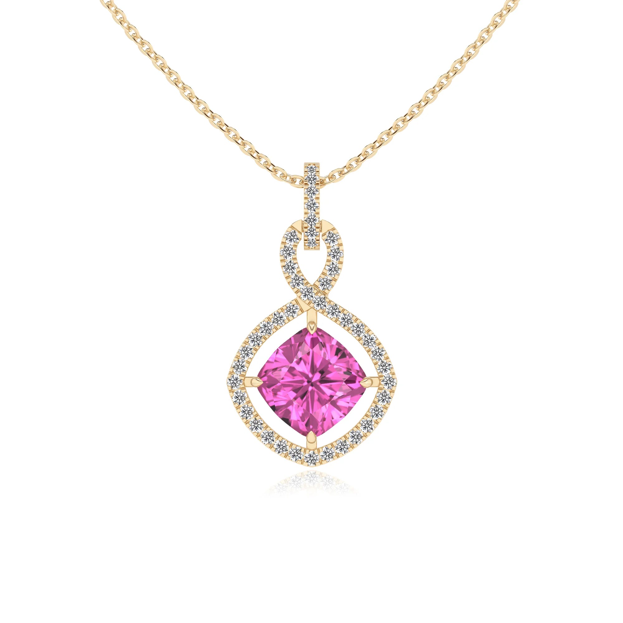 lab grown pink-sapphire cushion infinity necklaces in yellow gold 