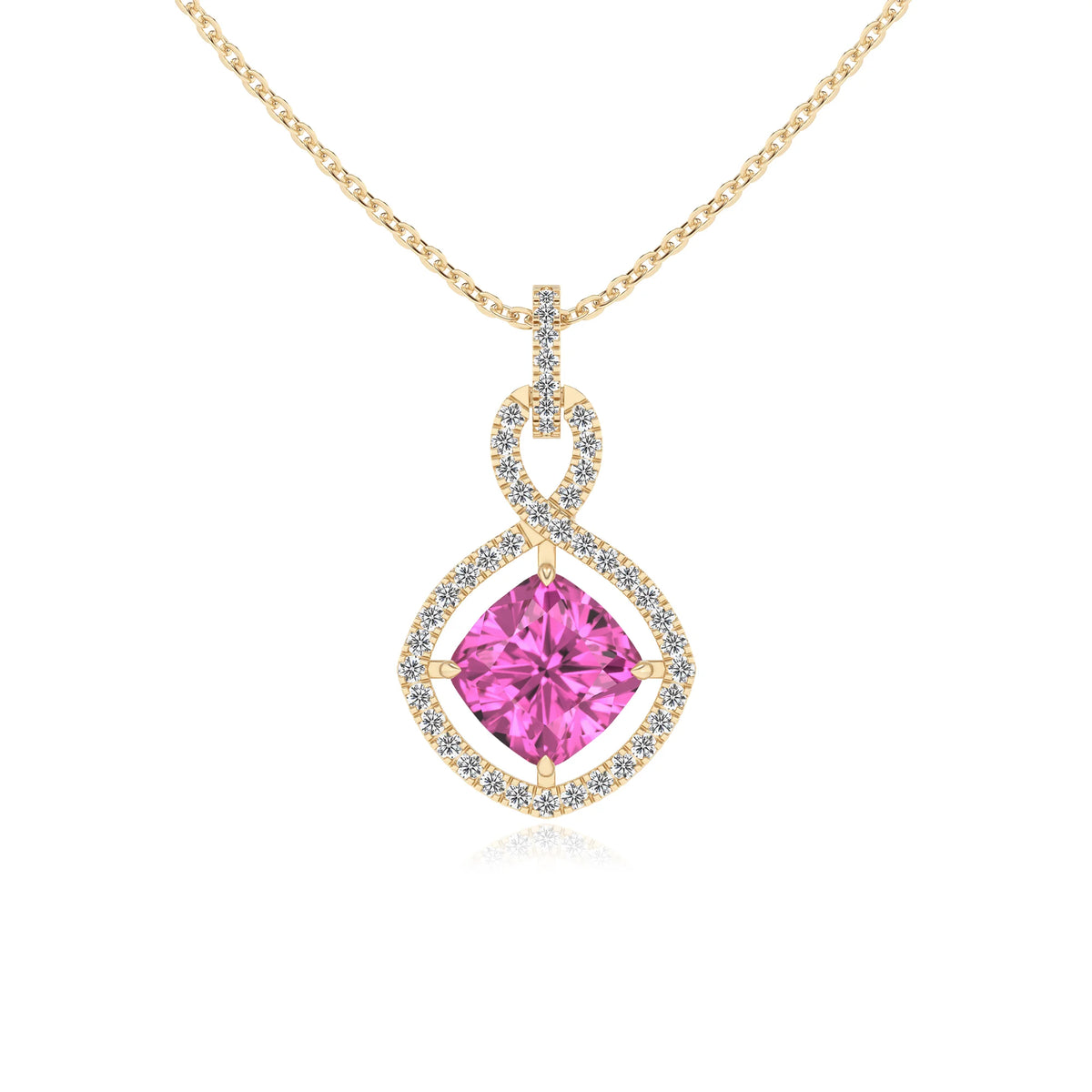 lab grown pink-sapphire cushion infinity necklaces in yellow gold 