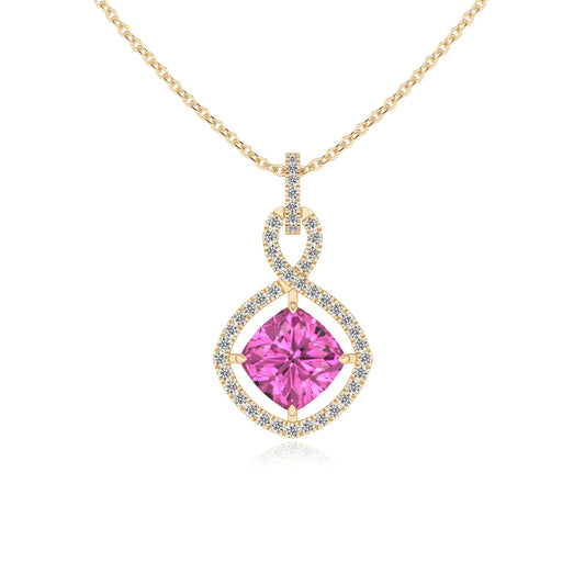 lab grown pink-sapphire cushion infinity necklaces in yellow gold 