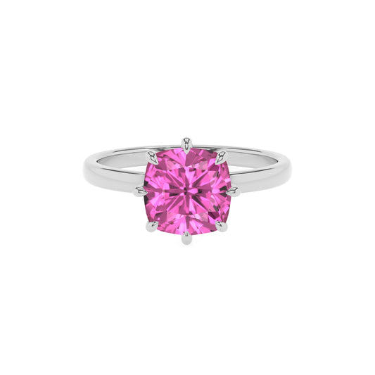 lab grown pink-sapphire cushion solitaire rings in sterling silver 