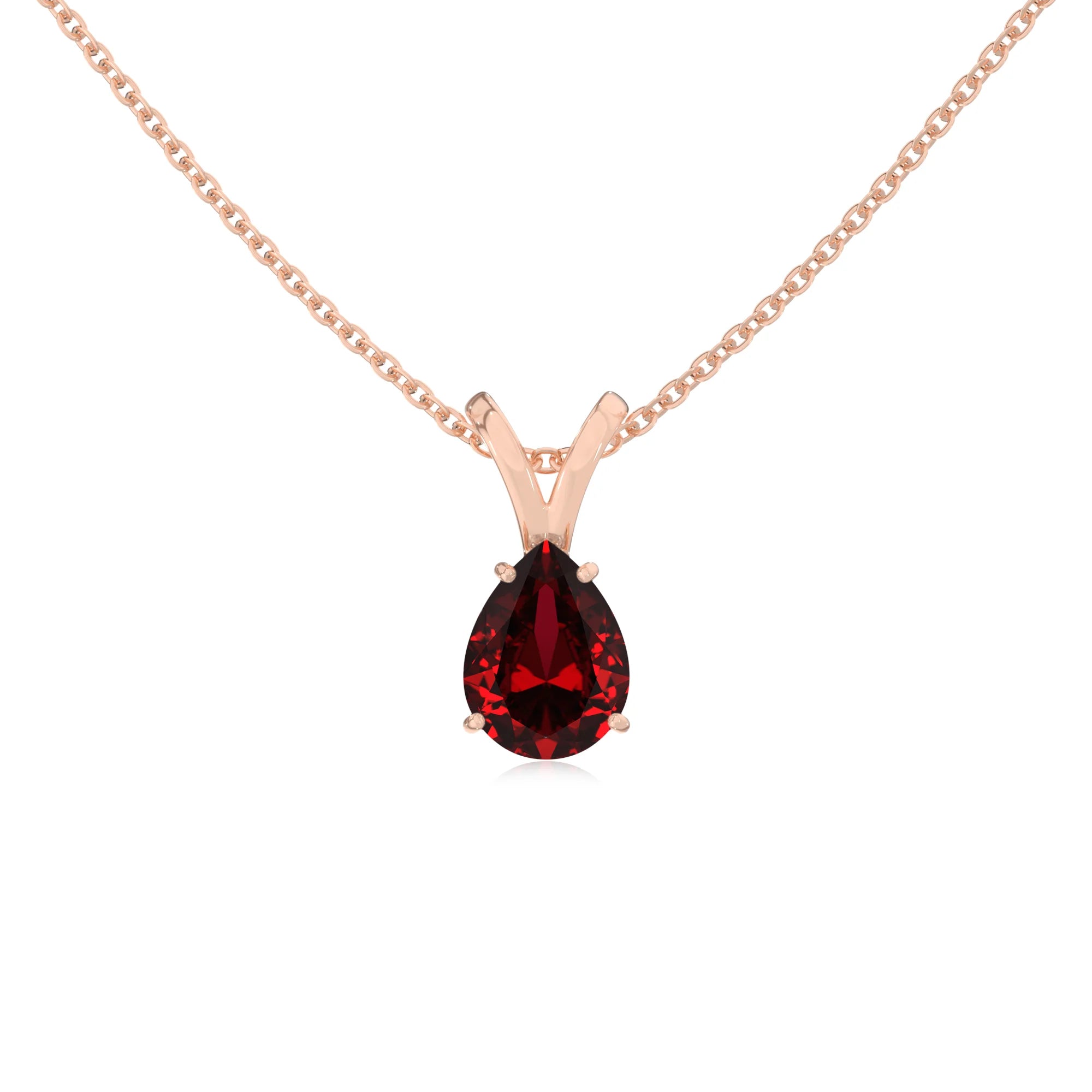 lab grown ruby pear solitaire v-bale necklaces in rose gold 