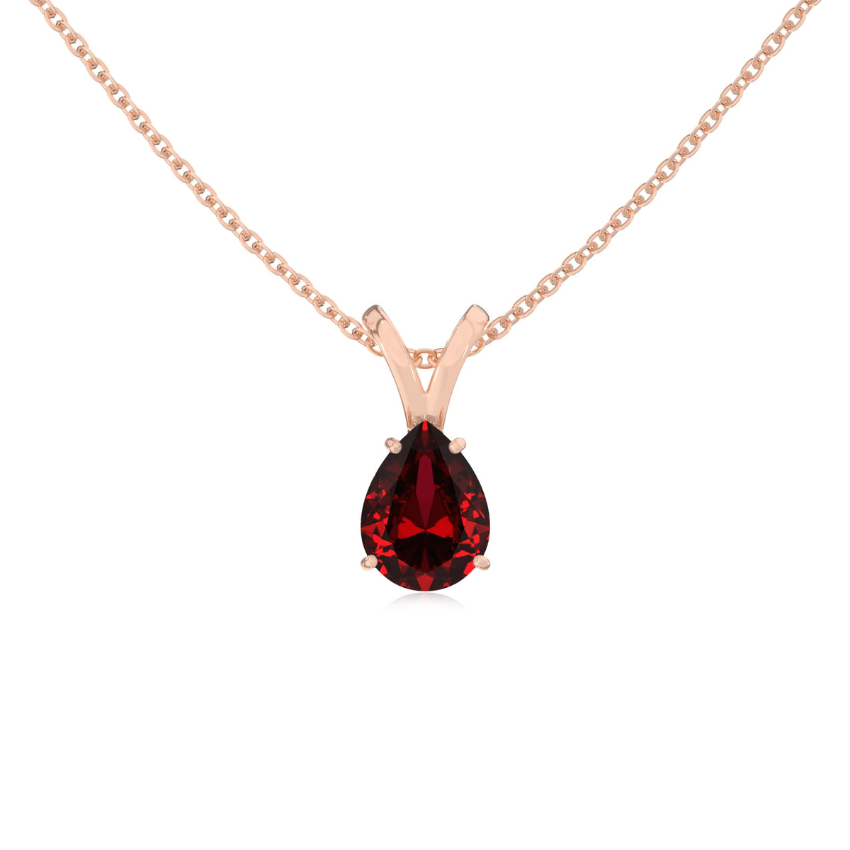 lab grown ruby pear solitaire v-bale necklaces in rose gold 