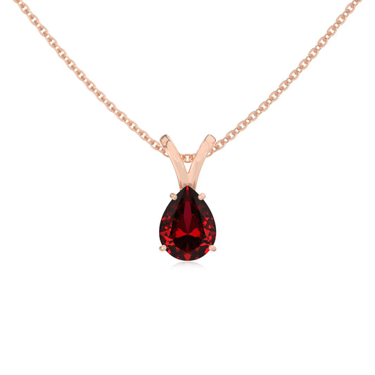 lab grown ruby pear solitaire v-bale necklaces in rose gold 