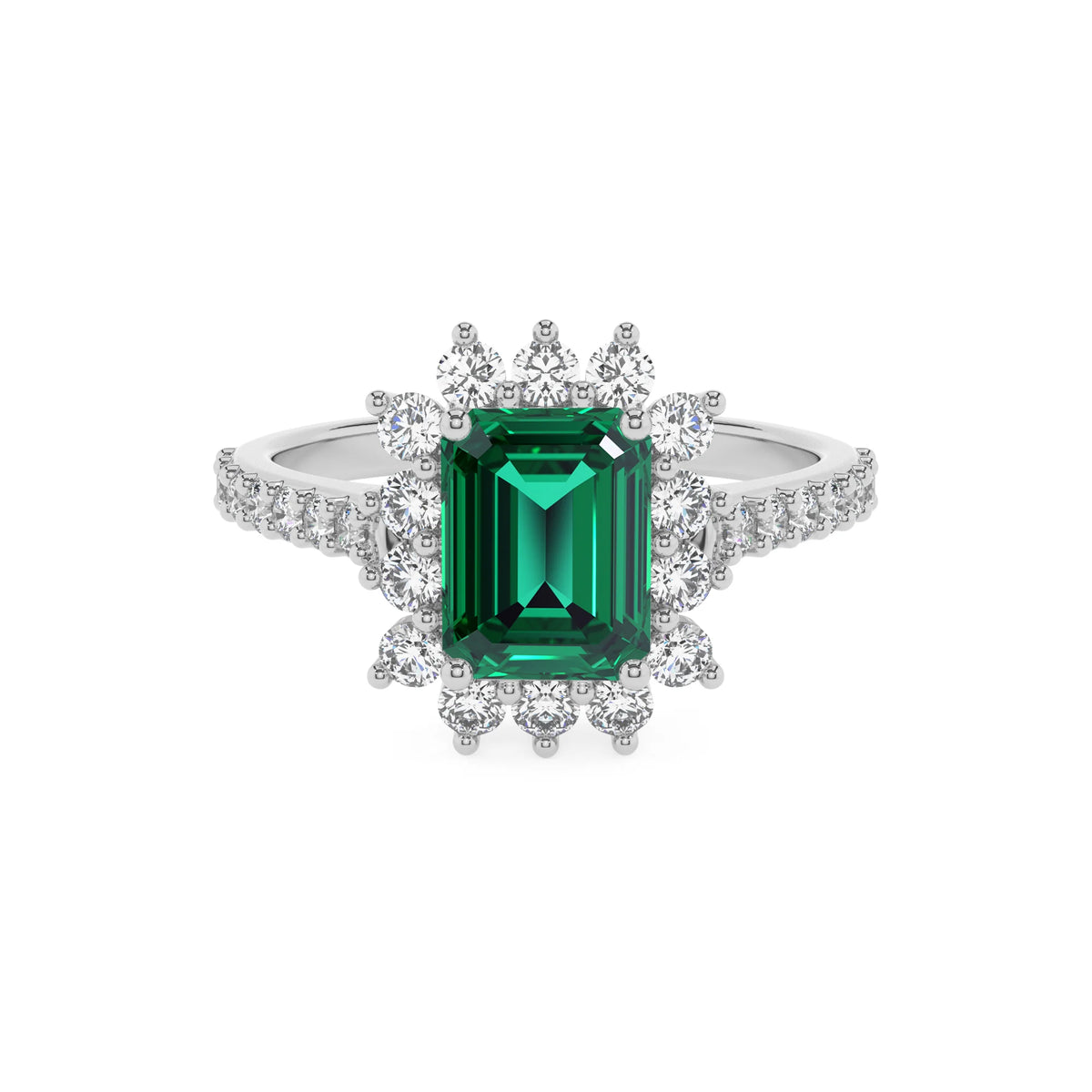 lab grown emerald octogon cut solitaire rings in sterling silver 