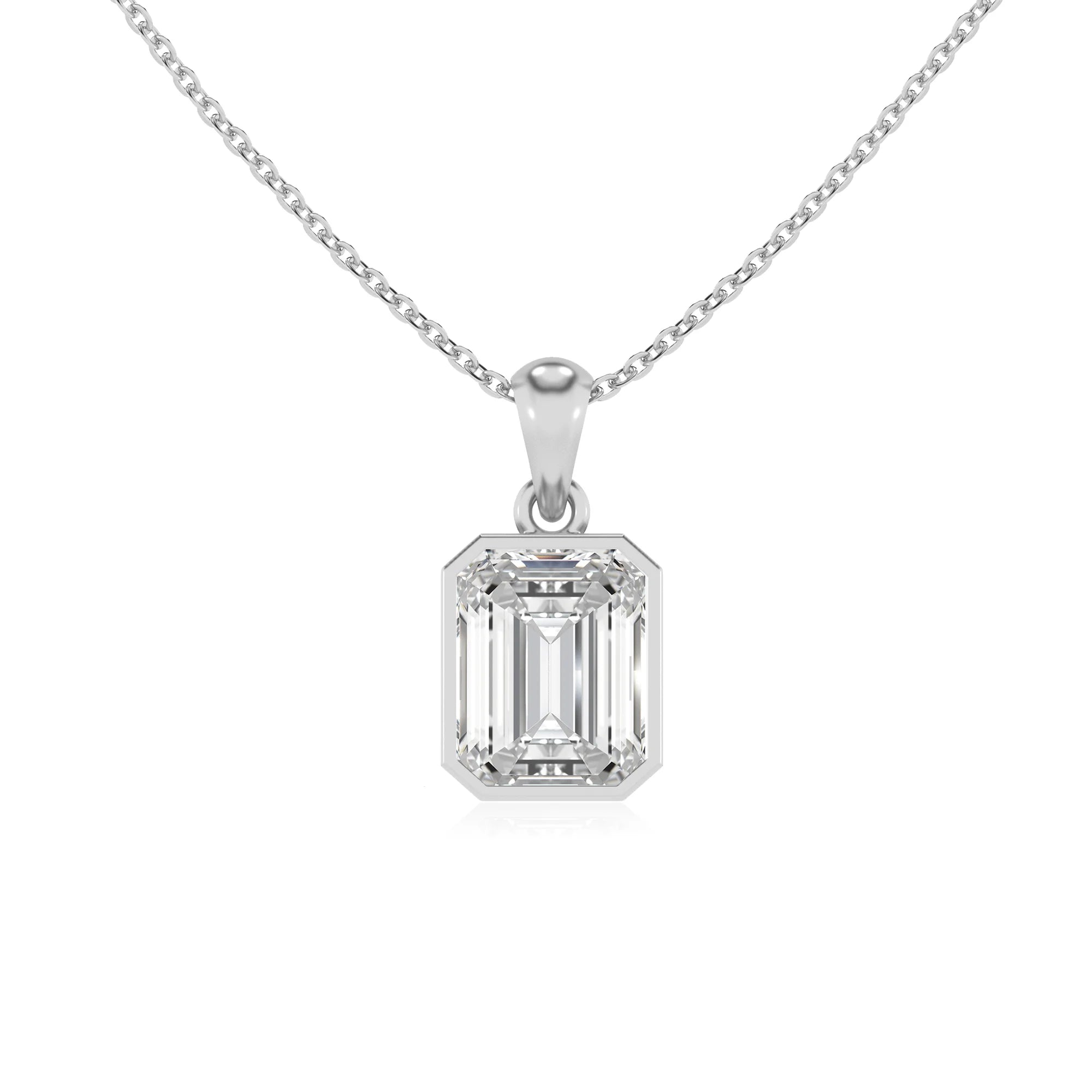lab grown moissanite emerald cut solitaire necklaces in white gold 