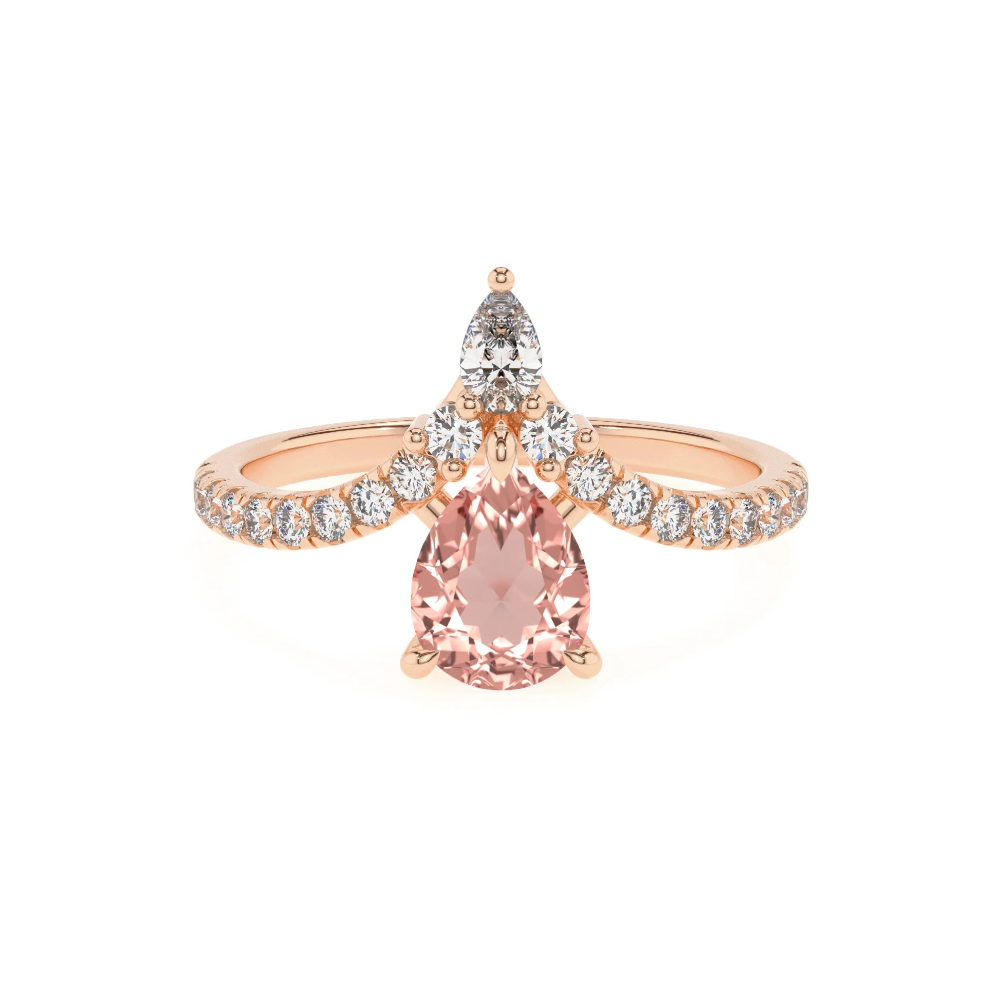 lab grown morganite pear solitaire rings in rose gold 