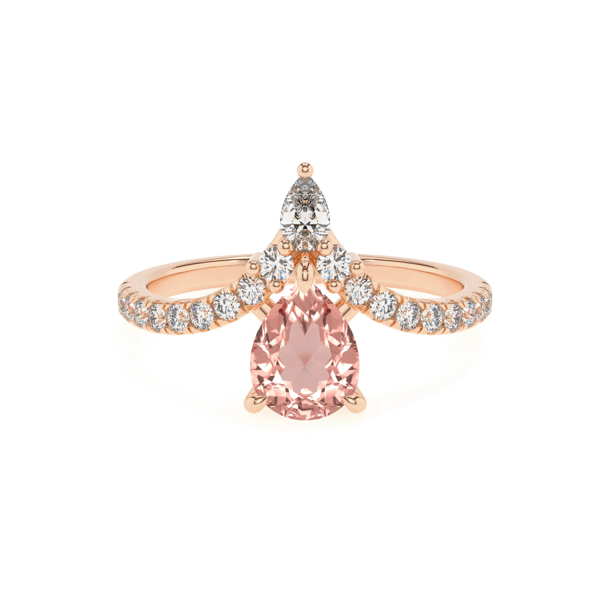 lab grown morganite pear solitaire rings in rose gold 