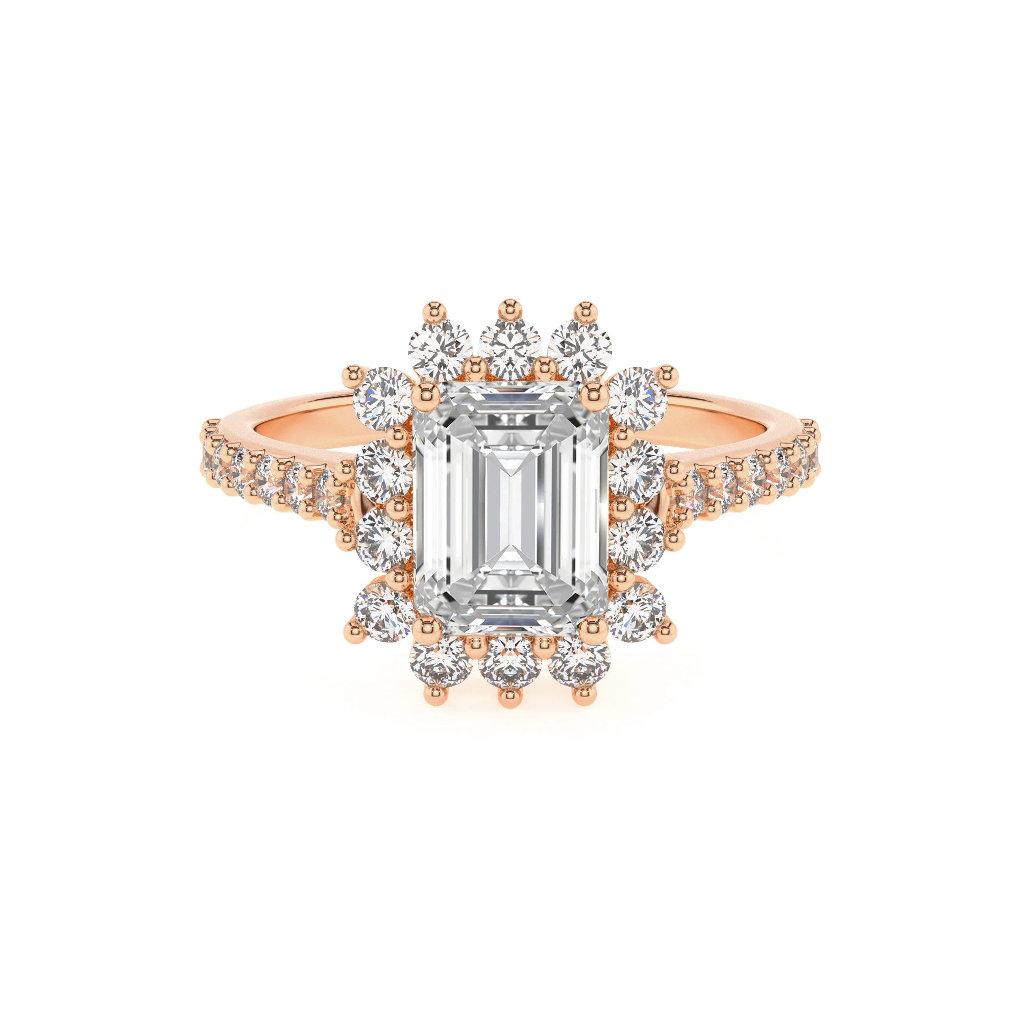 lab grown moissanite emerald cut solitaire rings in rose gold 