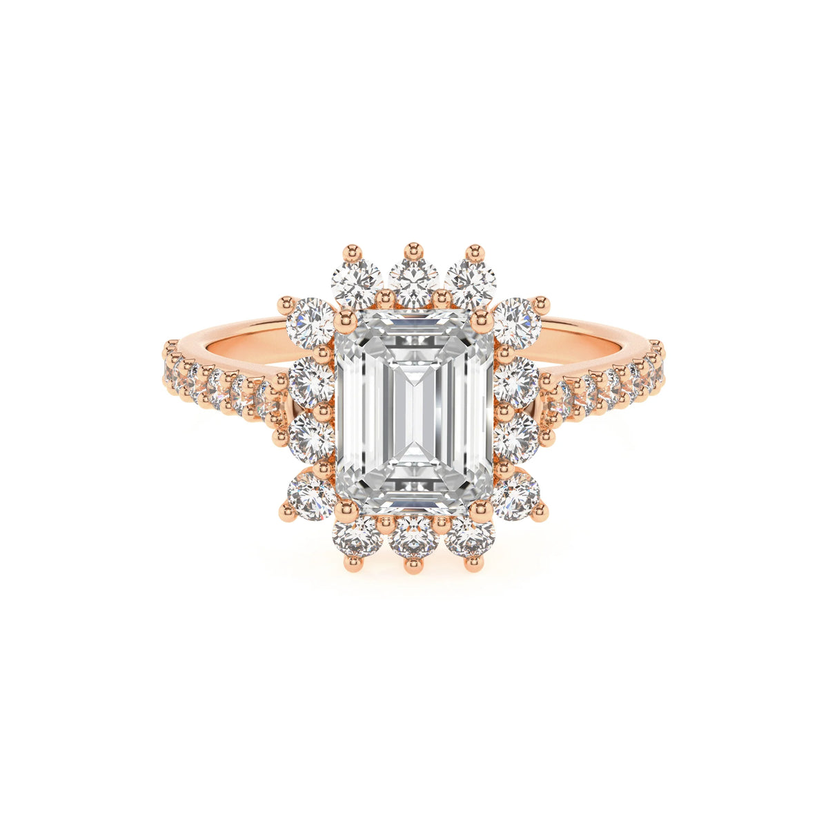 lab grown moissanite emerald cut solitaire rings in rose gold 