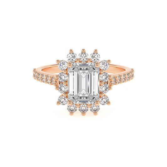 lab grown moissanite emerald cut solitaire rings in rose gold 