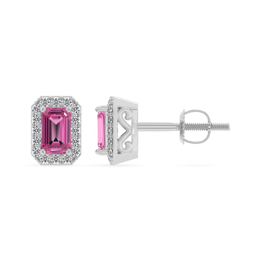 lab grown pink sapphire emerald cut stud earrings in white gold 
