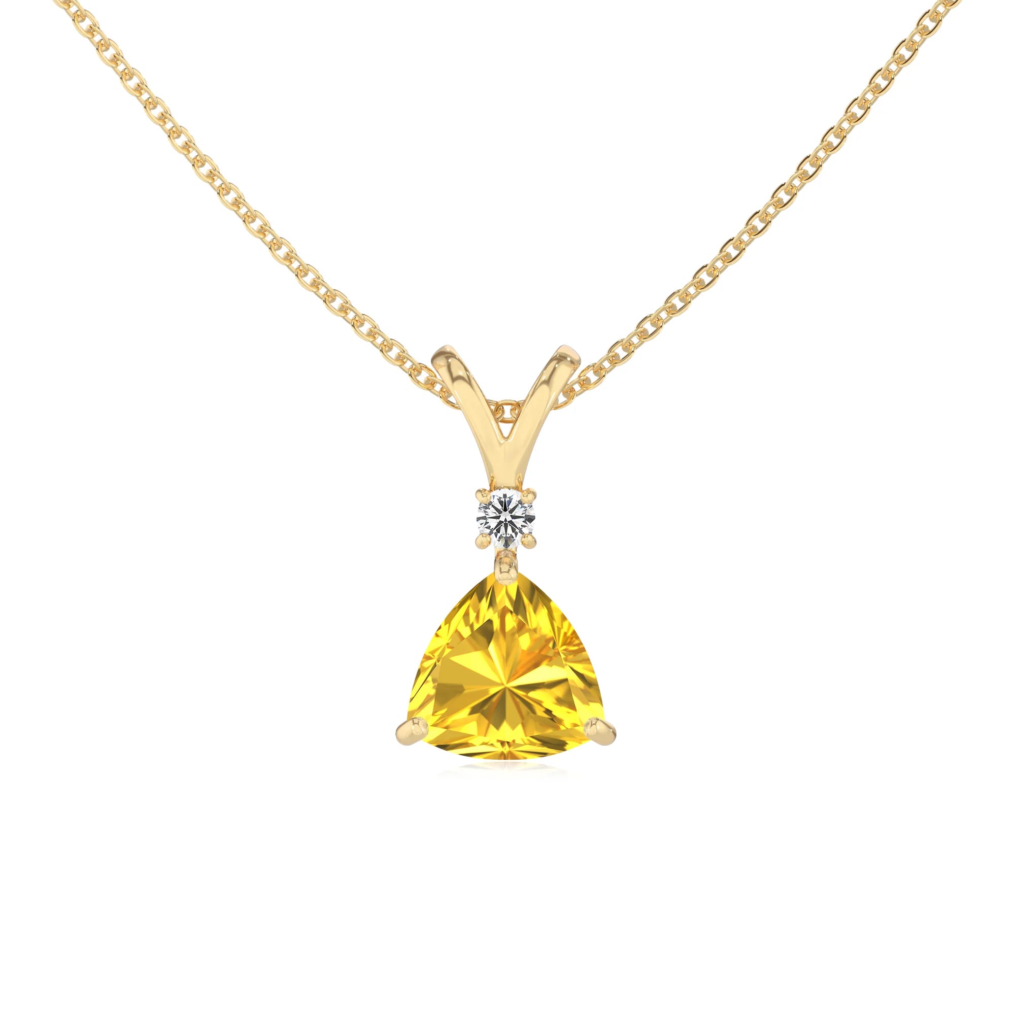 lab grown yellow-sapphire trillion solitaire v-bale necklaces in yellow gold 