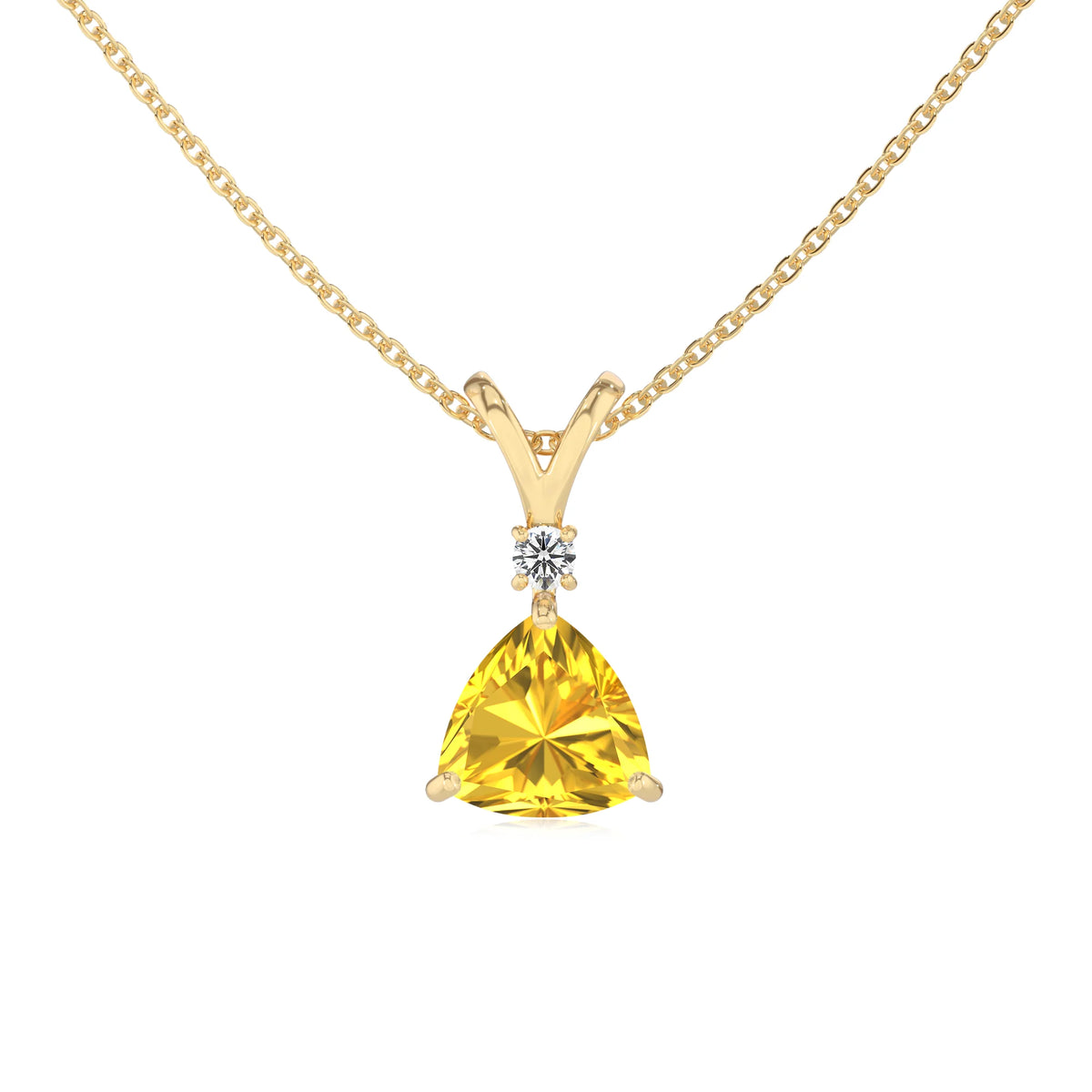 lab grown yellow-sapphire trillion solitaire v-bale necklaces in yellow gold 