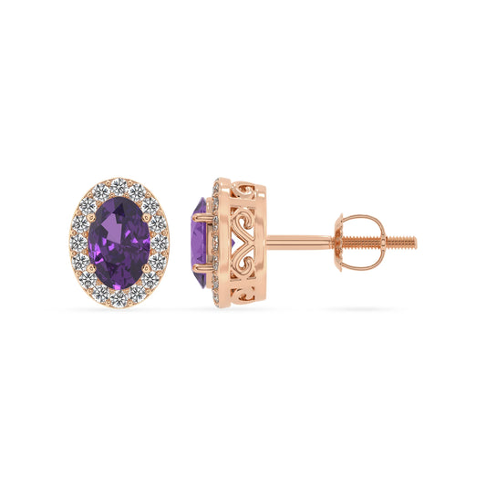 lab grown amethyst oval stud earrings in rose gold 