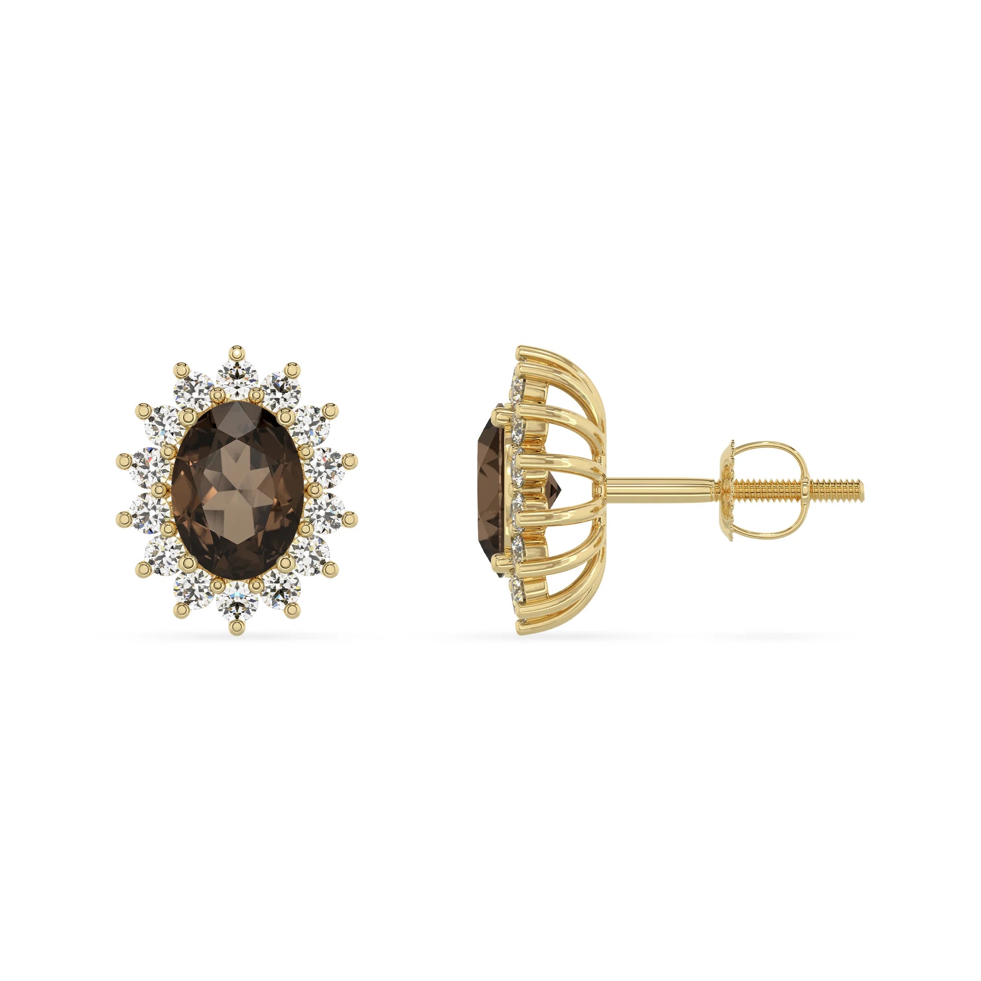 natural smoky quartz oval stud earrings in yellow gold 