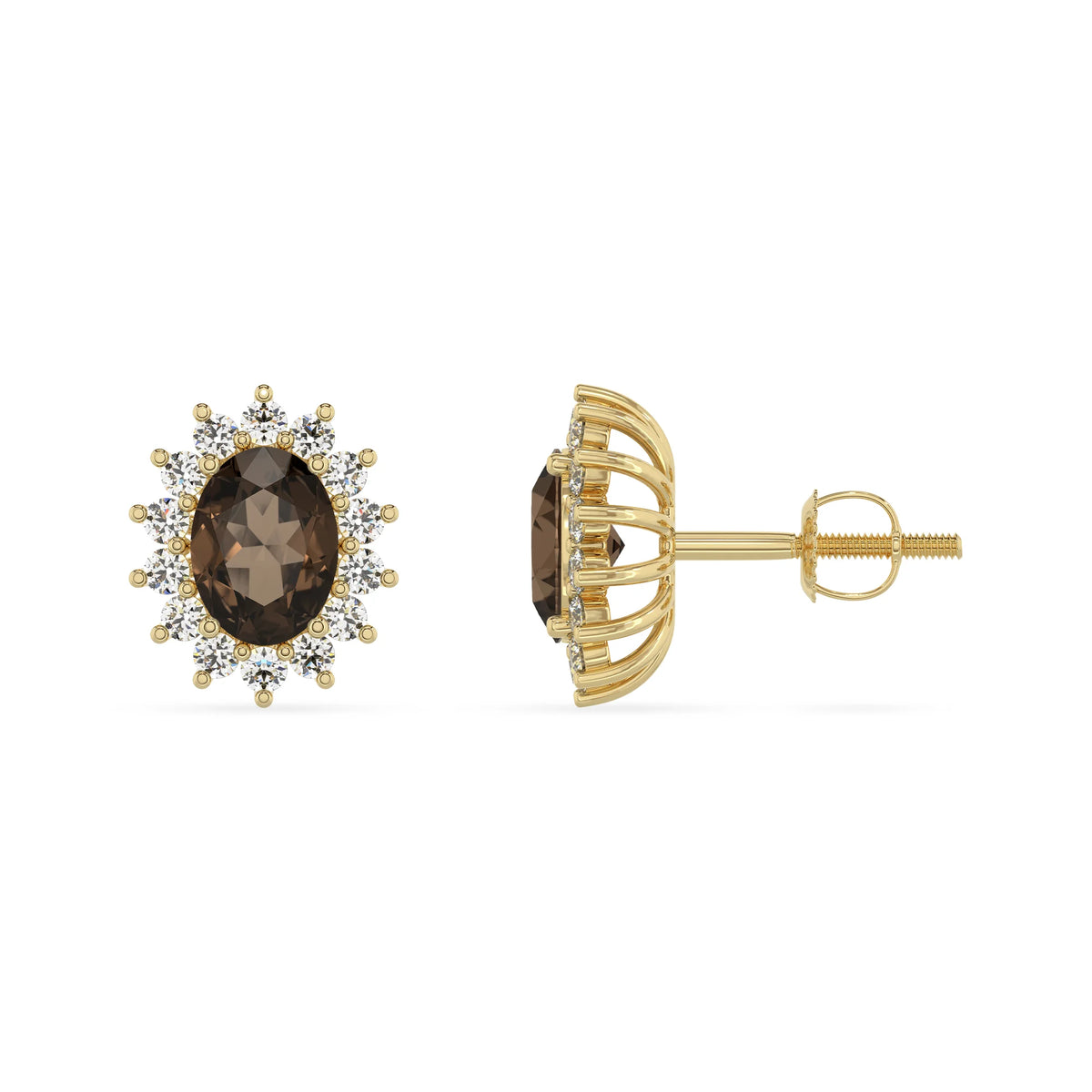 natural smoky quartz oval stud earrings in yellow gold 