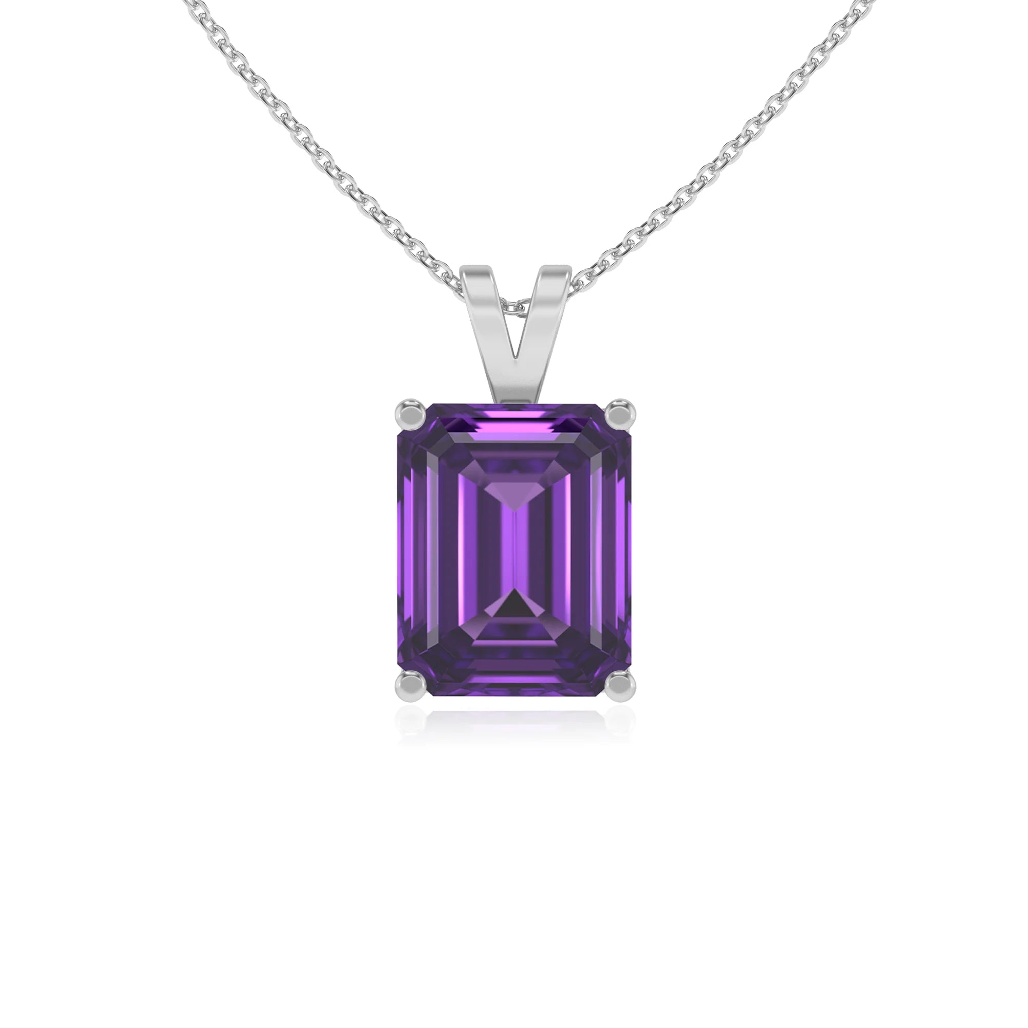 lab grown amethyst emerald cut solitaire v-bale necklaces in sterling silver 