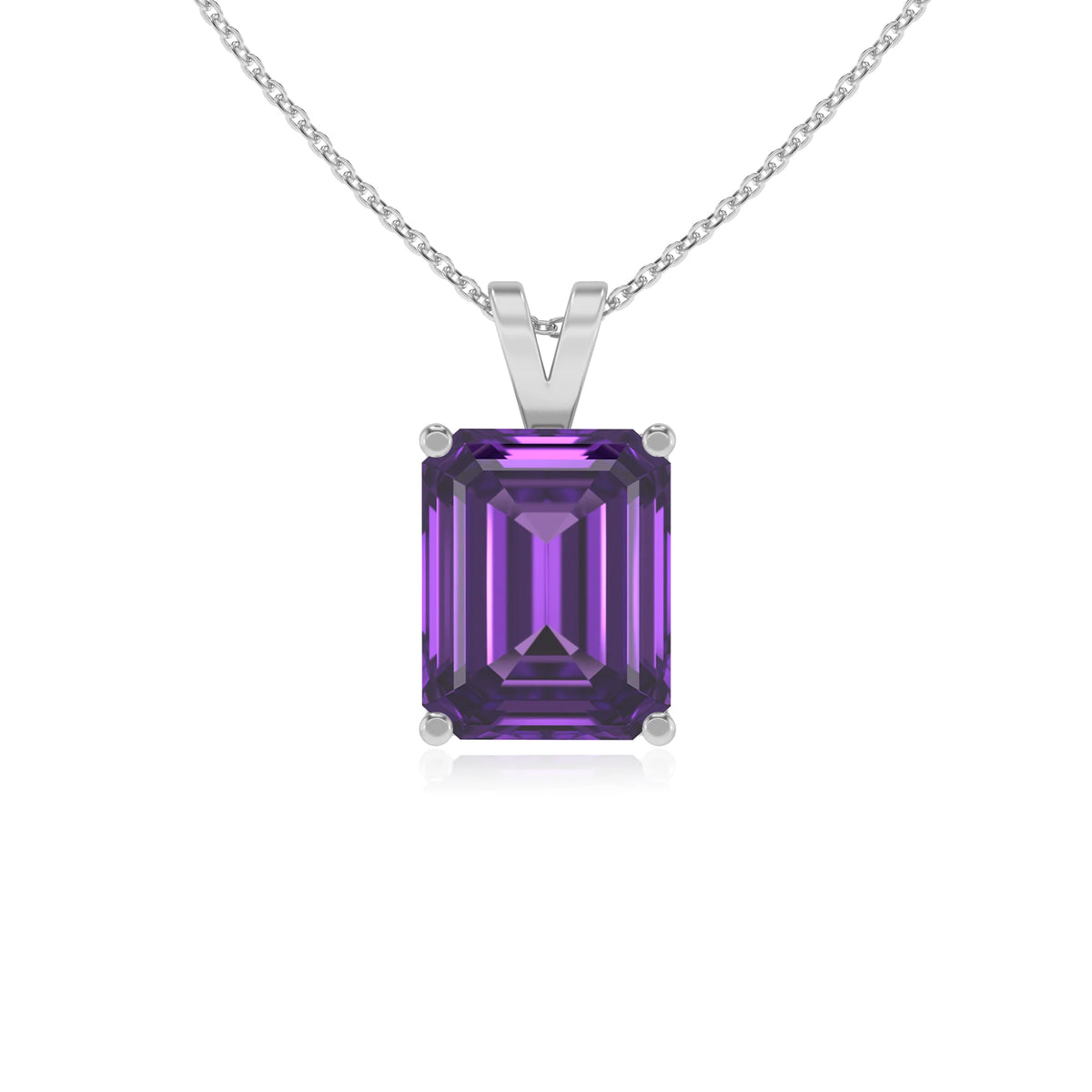 lab grown amethyst emerald cut solitaire v-bale necklaces in sterling silver 