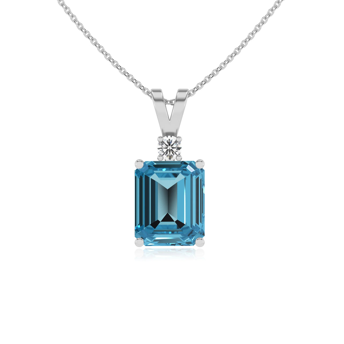 natural swiss-blue-topaz emerald cut solitaire v-bale necklaces in sterling silver 