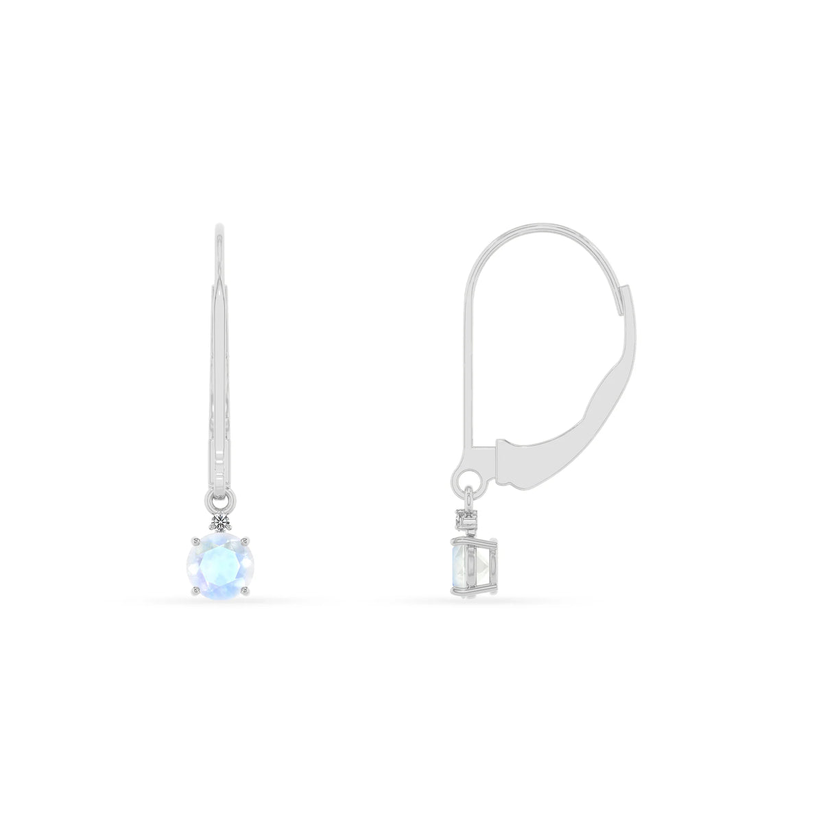 natural rainbow moonstone round drop earrings in white gold 