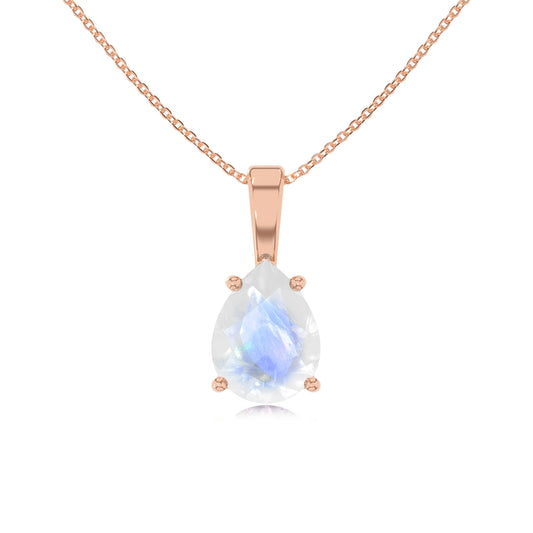 natural rainbow-moonstone pear solitaire necklaces in rose gold 