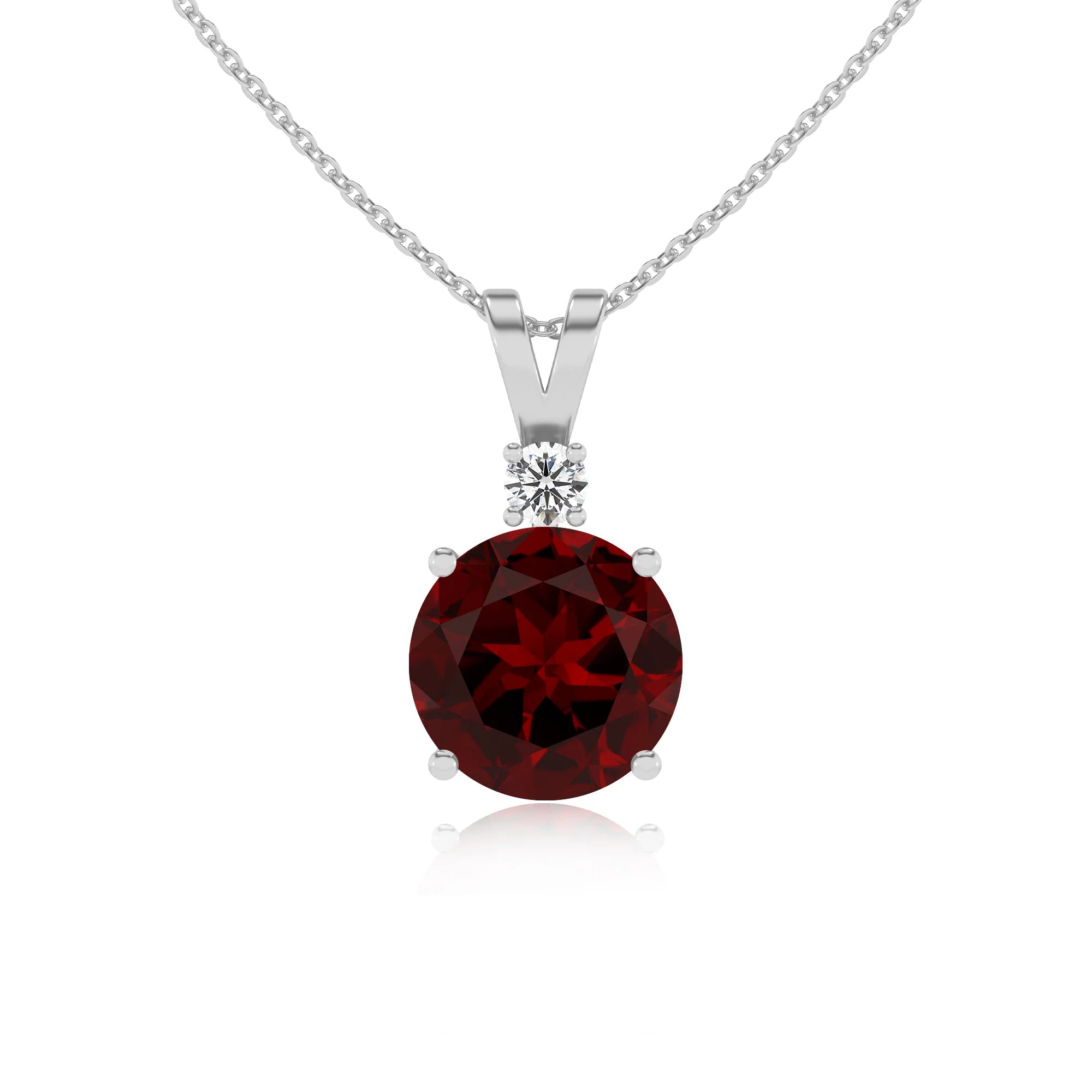 natural garnet round solitaire v-bale necklaces in white gold 