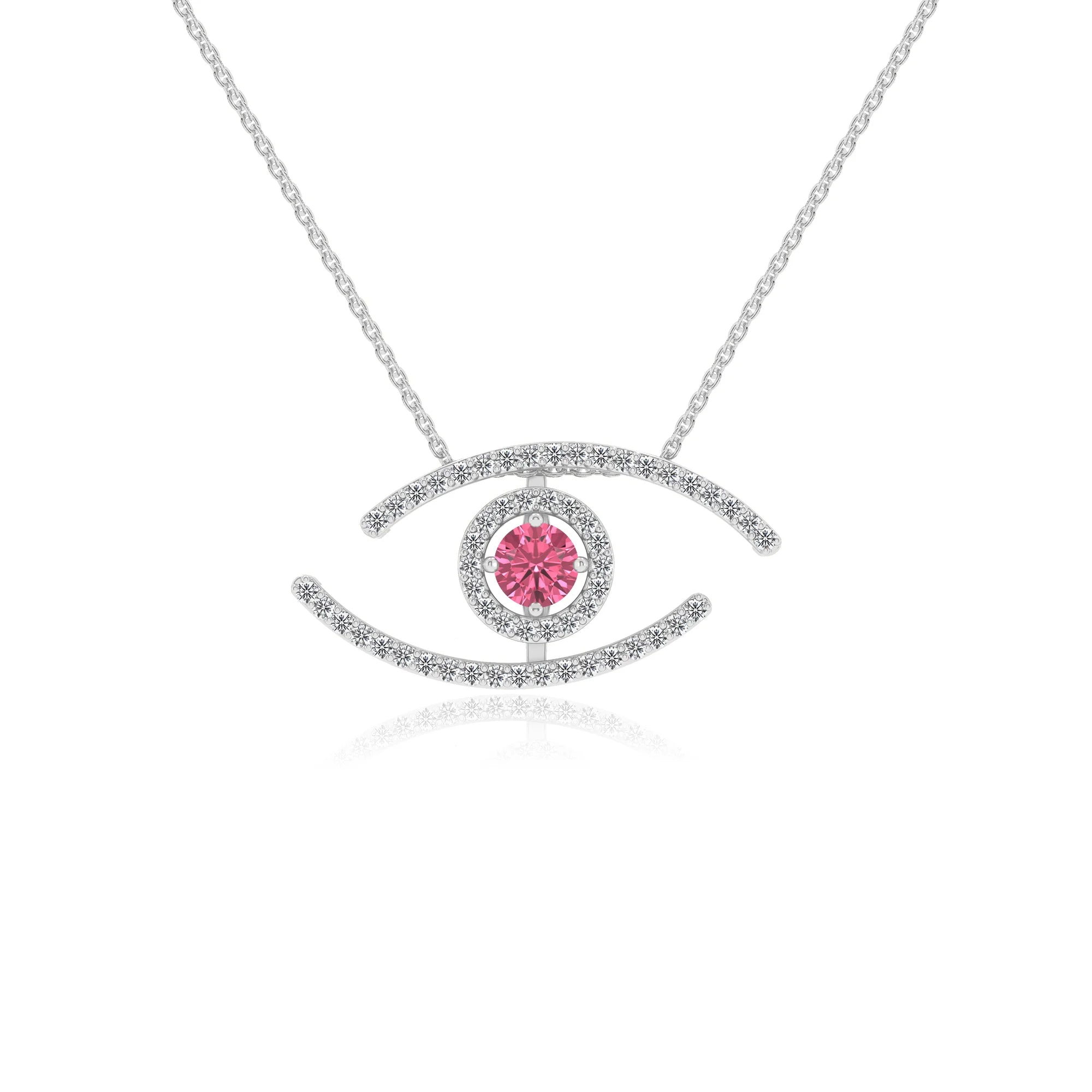 lab grown pink-tourmaline round solitaire necklaces in white gold 